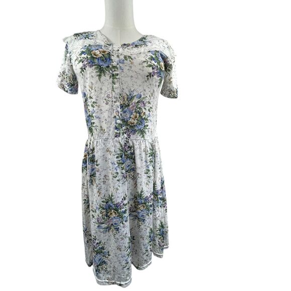 VTG 80s Floral Midi Dress Size M Blue Coquette Shoulder Pads Lace Trim Spring - Picture 1 of 7